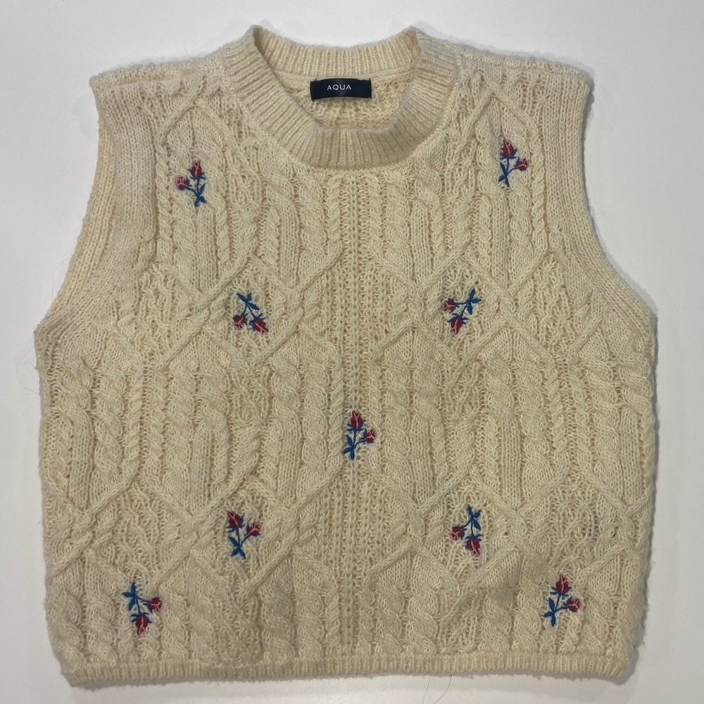 Aqua Cream Flowered Sweater Vest